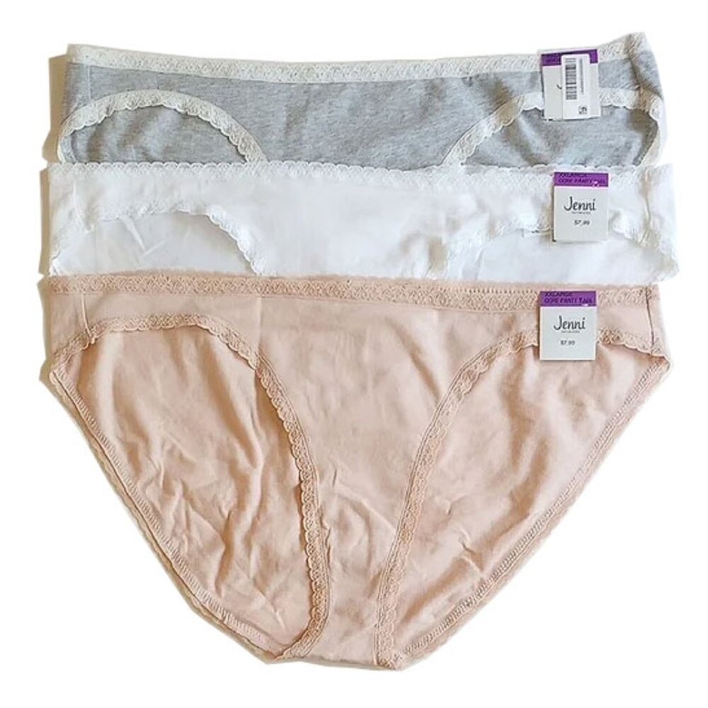 *50off3* NWT 3 Pair 95% Cotton Bikini Panties XXL White Gray Beige Macy's Jenni